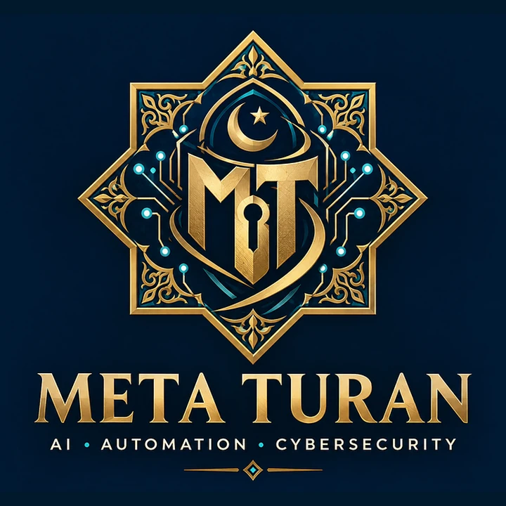 META TURAN AI AUTOMATION CYBERSECURITY — orijinal altın ve turkuaz Osmanlı motifli logo
